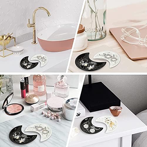 Small Moon Jewelry Dish Tray, Decorative Ceramic Trinket Dish, Modern Accent Tray for Vanity 2pcs（White and Black ）