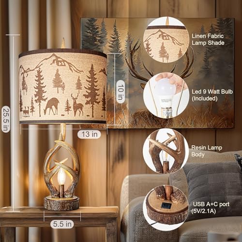 Scenekoy Antlers Rustic Table Lamp Set of 2 with Night Light for Bedroom