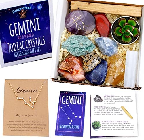DANCING BEAR Gemini Zodiac Healing Crystals Gift Set (14 Pc): 9 Stones, 18K Gold-Plated Constellation Necklace, Meteorite, Succulent Candle, Palo Santo Smudge Stick, and Info Guide, Made in The USA