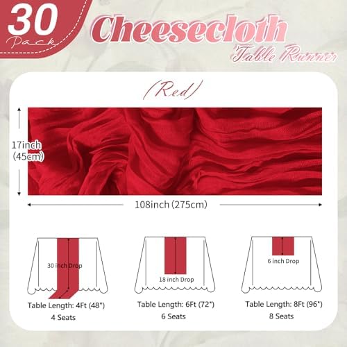 30 Pack Red Cheesecloth Table Runner 17 x 108 inch Cheese Cloth Table Runners 9ft Red Table Runner Rustic Romantic Sheer Gauze Runner for Wedding Party Baby Shower Table Decoration