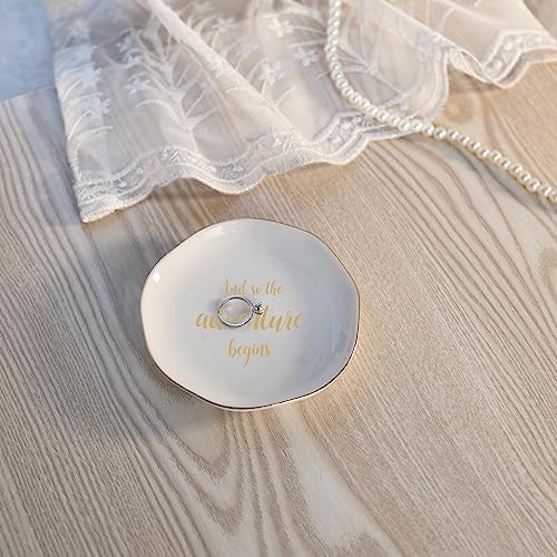 HOME SMILE And So The Adventure Begins Ring Dish-Inspirational Bridal Shower, Bachelorette Party, Engagement Wedding Gifts, Congratulation Present for New Chapter,Ceramic White