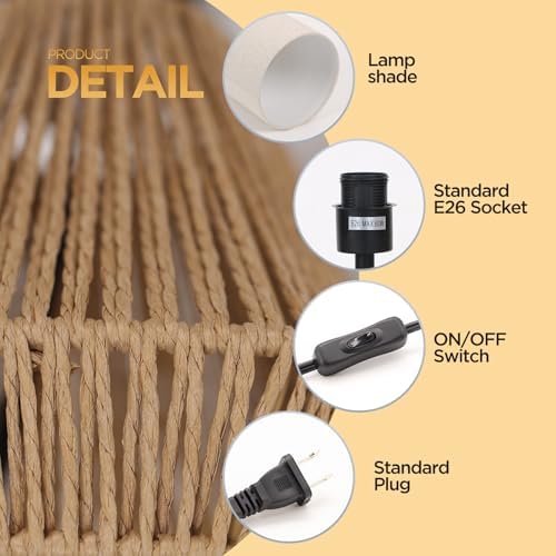 Boho Table Lamp with Linen Drum Shade, 14.17” Bedside Lamp with E26 Rattan Base for Living Room, Bedroom, Office – Natural Woven Style Accent Light, Bulb Not Included