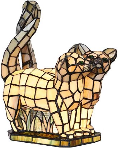 Bieye L10771 Cats in Love Tiffany Style Stained Glass Accent Table Lamp Night Light for Home Decoration (Two Cats, Yellow)