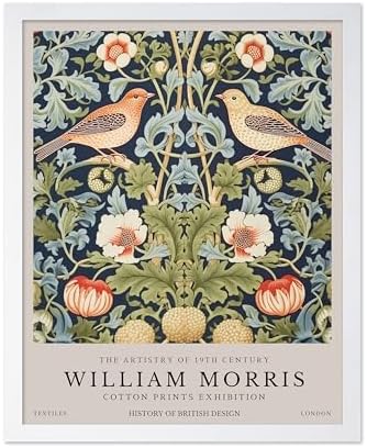 Poster Master William Morris Poster - Strawberry Thief Print - Bird Art - Botanical Art - Flower Artwork - Exhibition Creation - Animal Piece - Floral Illustration - Office or Bedroom Wall Decor - 11x14 White Framed