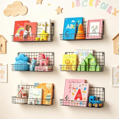 X-cosrack Floating Book Shelves for Wall Kids Bookshelf,Metal Hanging Wall Mounted Shelf for Nursery Toddler, Kids Room, Classroom,Set of 6,Black,2 Sizes