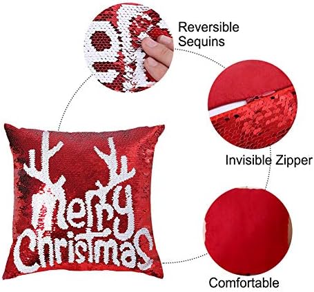 Reversible Sequins Pillow Case 18 x 18 Inch Christmas Sequin Pillow Covers Magic Red Mermaid Square Throw Decorative Pillowcase 2pcs (Red-Merry Christmas)