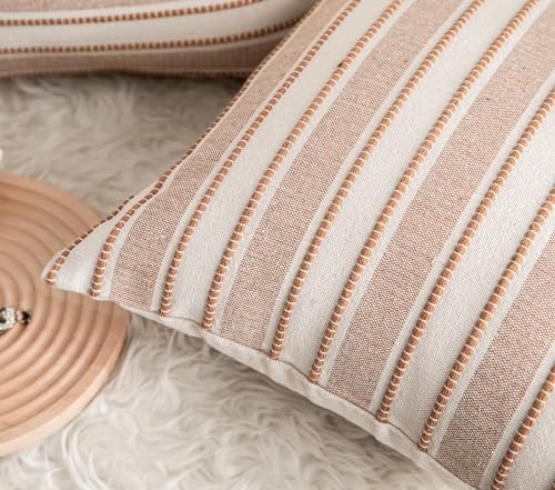Cethom Decorative Boho Throw Pillow Covers, Farmhouse Textured Pillow Case, 22 x 22 Inch Set of 2, Chair Sofa Bedroom Living Room Home Decor Couch Cushion Case, Brown and Beige Striped