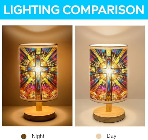 Cross Table Lamp LED 3-Color Pressed Bedside, Cross Shade Lamp with Wood Base for Bedroom Living Room Desk Office TL01