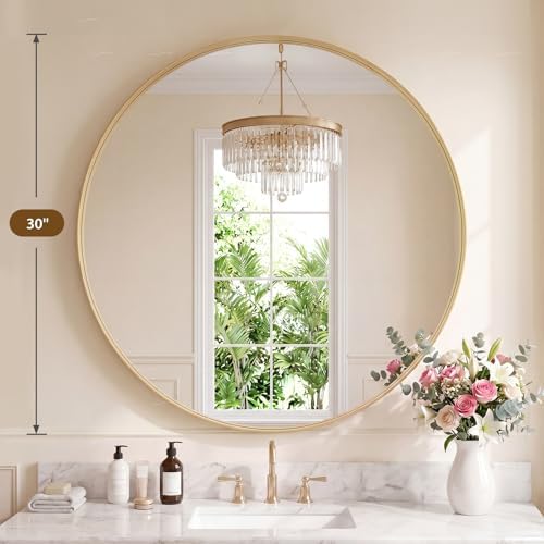 Sweetcrispy 30 Inch Round Bathroom Wall Mirror, Circle Vanity Mirror | for Bathroom Sink, Matte Metal Frame, Home Decor Living Room, Bedroom Hang Mount, Gold