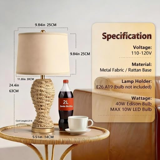24.4" Boho Table Lamps for Living Room, Bedside Lamp for Nightstands, Rattan Lamp Wicker Lamp for Bedroom, Farmhouse Rustic Woven Table Lamp for Kitchen Room Decor, End Table, Retro(No Bulb)