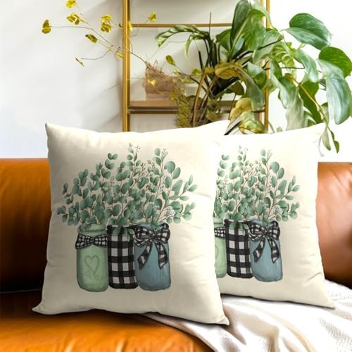 Eucalyptus Leaves Throw Pillow Covers Set of 2 Spring Green Botanical Plaid Jar Vase Print Decorative Pillowcase Summer Seasonal Natural Farmhouse Cushion Cover for Home Sofa Bedroom Porch 16x16 in