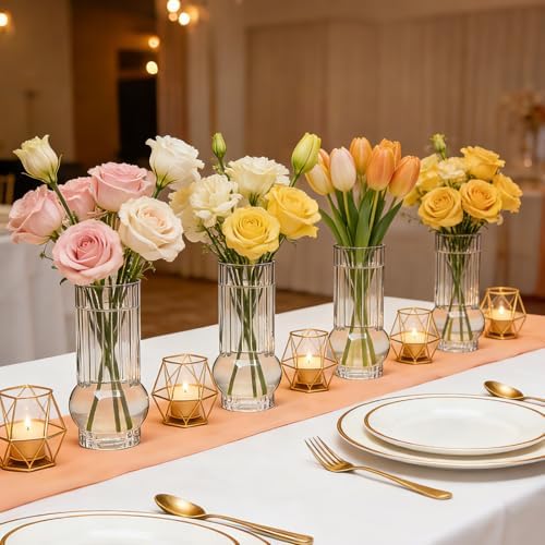 6.5Inch Drinking Glasses for Home Decor,12pcs Fluted Glass Vase Set | Ribbed Cylinder Glass Vases for Wedding Centerpiece, Modern Clear Glass Glass Tumbler Set for Living Room, Dining & Event