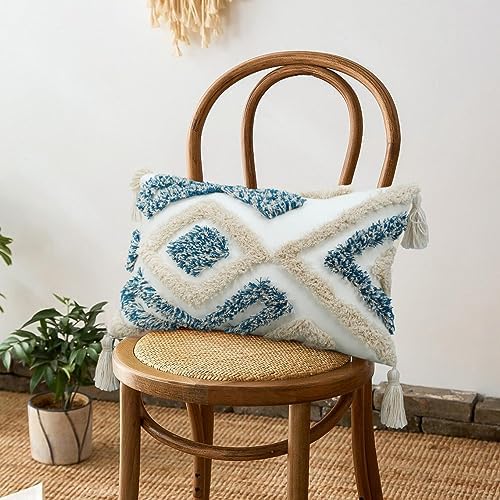 Merrycolor Boho Throw Pillow Covers 12x20 Blue Decorative Lumbar Pillow Covers with Tassels for Couch Bed Sofa Textured Tufted Pillow Covers, Light Blue and White