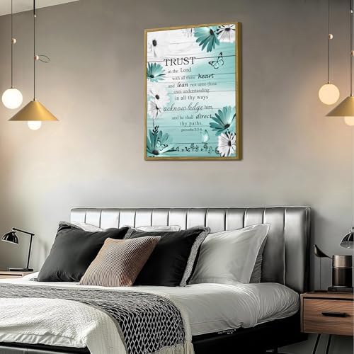 LB Teal Blue Floral Wall Art for Bathroom Bible Verse Framed Canvas Wall Art Wall Paintings Home Decor Daisy Flower Butterfly Wall Pictures for Living Room Bedroom Office Ready To Hang,12x17 Inch