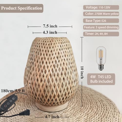 Rattan Table Lamp, Vintage Wicker Wooden Nightstand Lamp with Dimmable & Timer Function, Boho Bamboo Woven Desk Lamps for Bedroom Living Room Kids Room, 2700K T45 LED Bulb Included