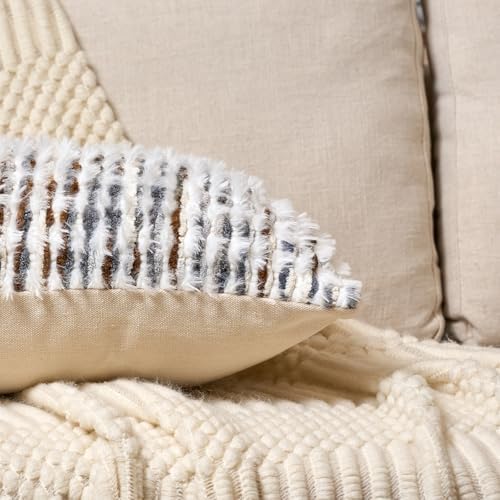 Aeckself Boho Chenille Tufted Pillow Cover 12 x 20 Inch, Rectangle Decorative Lumbar Throw Pillow Cover Neutral Pillowcase for Couch Bedroom Living Room, Brown White