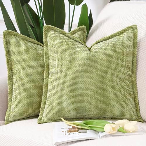 MADIZZ Decorative Chenille Velvet Throw Pillow Covers Set of 2 Soft Boho Textured Neutral Couch Throw Pillow for Bed Modern Farmhouse Home Decor for Sofa Livingroom Light Green 18x18 Inch