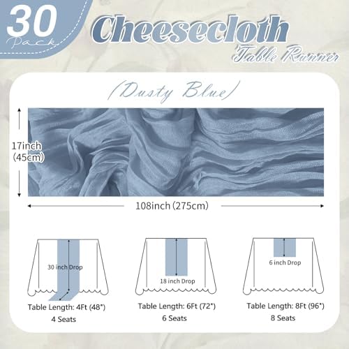 30 Pack Dusty Blue Cheesecloth Table Runner 17 x 108 inch Cheese Cloth Table Runners 9ft Blue Table Runner Rustic Romantic Sheer Gauze Runner for Wedding Party Baby Shower Table Decoration