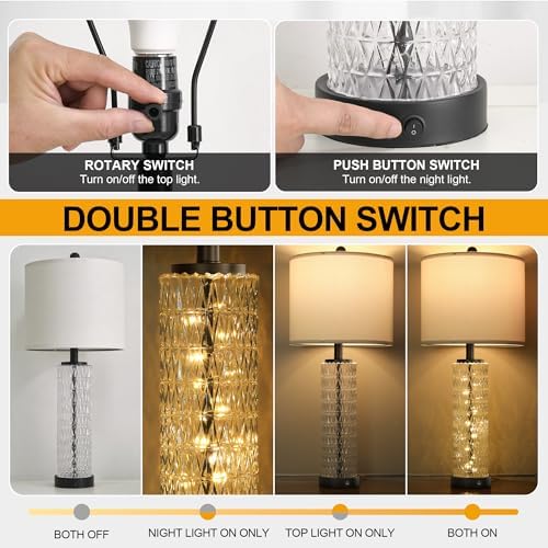 Oneach 27.75” Table Lamps Set of 2, Black Modern Bedside Lamp with LED Night Light, USB A+C, Glass Lamps for Living Room, Bedroom, Nightstand, Office, End Table (2 Bulbs Included)