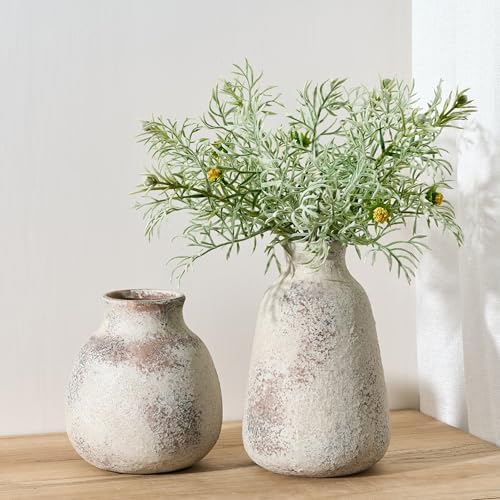 PORCER Ceramic Vase Set of 2 for Home Decor, Handcrafted Vintage Terracotta Vases, Rustic Farmhouse Decor, Minimalist Decorative Vase Set for Table Centerpiece Fireplace Nightstand Decoration - Brown
