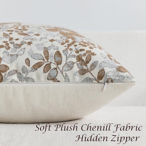 Vintage Floral Euro Sham Covers 24x24 Pack of 2 Country Farmhouse Accents Chenille Jacquad Decorative Square Throw Pillow Cases for Living Room Couch Bed Home Decor, Camel Khaki Tan