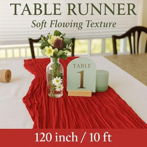 6 Pack 10FT Red Cheesecloth Table Runner 120 Inch Rustic Boho Gauze Cheese Cloth Table Runner for Wedding Baby Shower Bridal Shower Birthday Party Home Decorations
