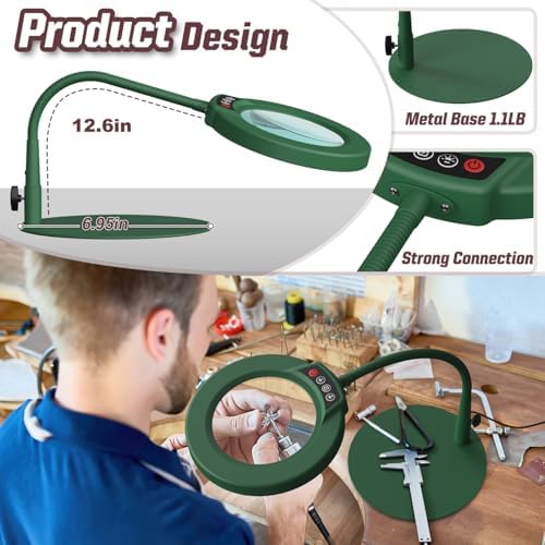 10X Magnifying Glass with Light and Stand, 5 Color Modes Stepless Dimmable LED Lighted Desk Lamp, Hands Free Flexible Gooseneck Magnifier with Light for Craft Hobby Painting Close Work - Green