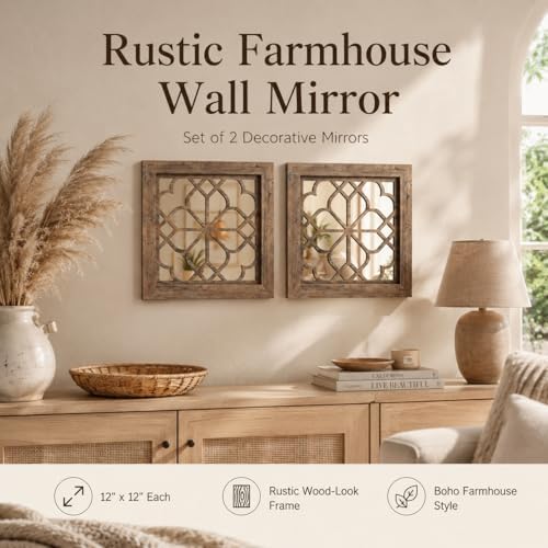 Boho Wall Mirror Decor, Set of 2 Rustic Farmhouse Mirror 12x12 Inch, Square Shatterproof Vintage Style Mirrors for Wall, Small Decorative Mirrors for Living Room, Bedroom，Maroon