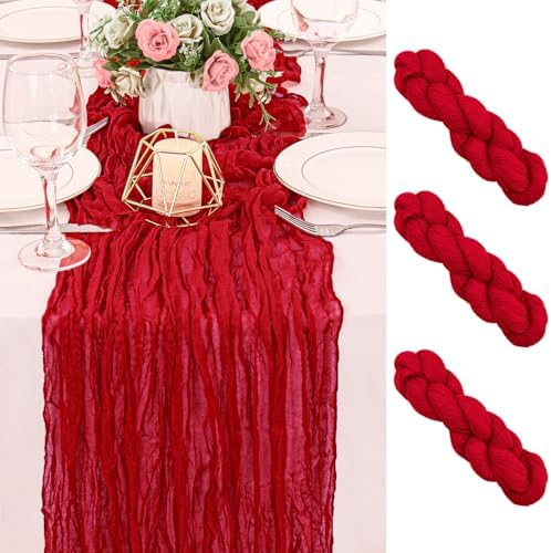 4 Pack 120 Inch Red Cheesecloth Table Runner Boho Rustic Gauze Sheer Romantic 10 FT Long Cheese Cloth Table Runner for Bridal Baby Shower Wedding Party Birthday Holiday Home Easter Decor