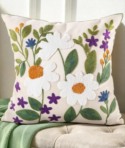 Spring Pillow Cover 18x18 Inch – Embroidered Summer Throw Pillow Cover Green Leaves Daisy Farmhouse Decorative Cushion Case with Hidden Zipper Decoration for Couch, Sofa, Living Room(1 Pack)
