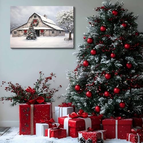Framed Christmas Wall Art 20x30inch, Farmhouse Barn Pictures Wall Decor Winter snow Scene Canvas Painting Print Home Artwork Decorations for Bathroom Living Room Bedroom