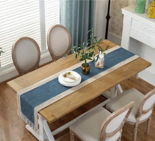 Rustic Table Runner with Fringe 15 x 108 Inches Long Blue