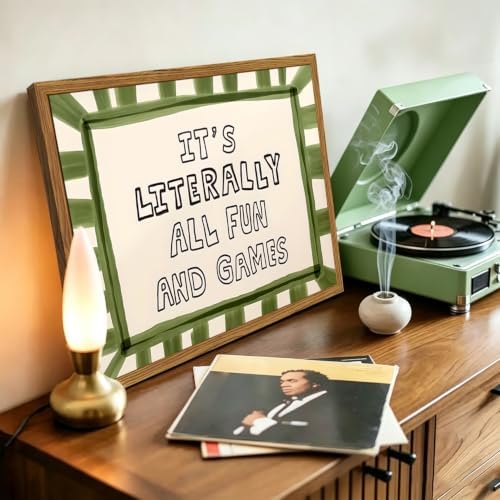 Framed It's Literally All Fun And Games Wall Art, Funny Quote Wall Decor Paintings, Sage Green Minimalist Striped Pictures Canvas Prints Preppy Home Decor for Living Room Bedroom Playroom 16x24 inch