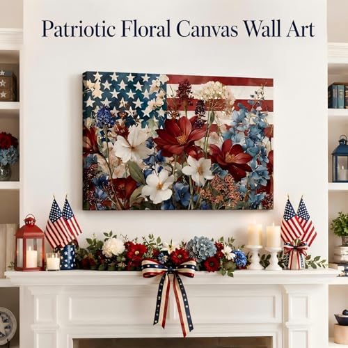 Patriotic Floral American Flag Framed Canvas Wall Art, 4th of July Wildflower Pictures, Independence Day Canvas Prints for Living Room, Bedroom, Kitchen, Farmhouse, Home Wall Decor