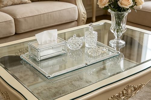 Large Mirror Perfume Tray for Dresser,Silver Crushed Diamond Filled