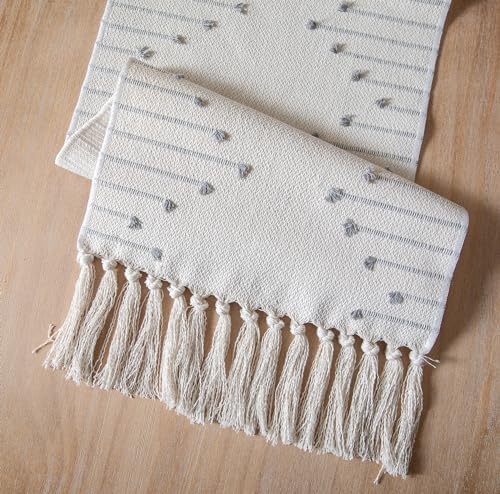 Boho Table Runner 13 x 90 Inch Long Natural Cotton Woven Runner with Tassels for Home Dining Table décor, for Modern Farmhouse Decor Coffee Table Runner, Grey and Beige