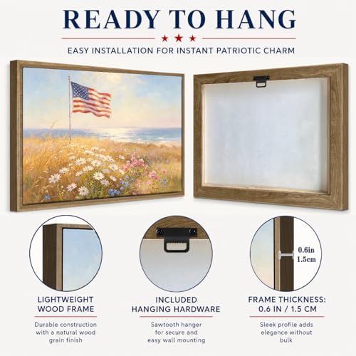 American Flag Framed Canvas Wall Art, 4th of July Floral Canvas Prints | Wildflower Landscape Poster Print, Vintage Rustic Independence Day Wall Decor for Bedroom Living Room Office 24×36in