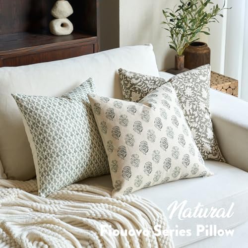 FIOUOVO Floral Vintage Throw Pillow Covers 20x20 Pillow Cover Block Print Decorative Cushion Covers Farmhouse Neutral Accent Home Décor for Sofa Couch Living Room Bedroom, 1PC, Olive Green