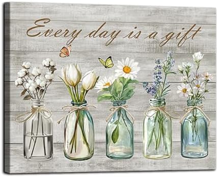Yaoliyu Flower Bathroom Wall Art Every Day is a Gift Inspirational Picture Country Style Farmhouse Wall Decor Butterfly Floral Vase Canvas Prints 16x20inch
