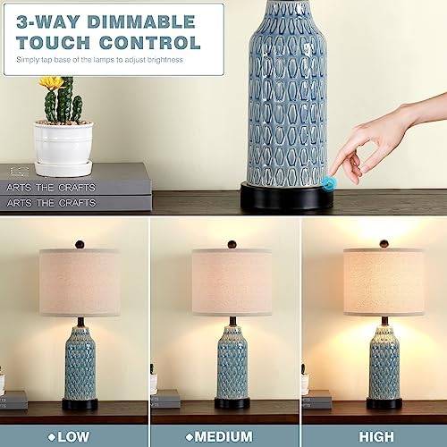 Cinkeda Ceramic Table Lamps for Bedroom Set of 2,Touch Lamp with USB Ports for Nightstand, 3-Way Dimmable Blue Coastal Bedside Lamps for Bedroom Living Room End Table Side Table(Bulbs Included)