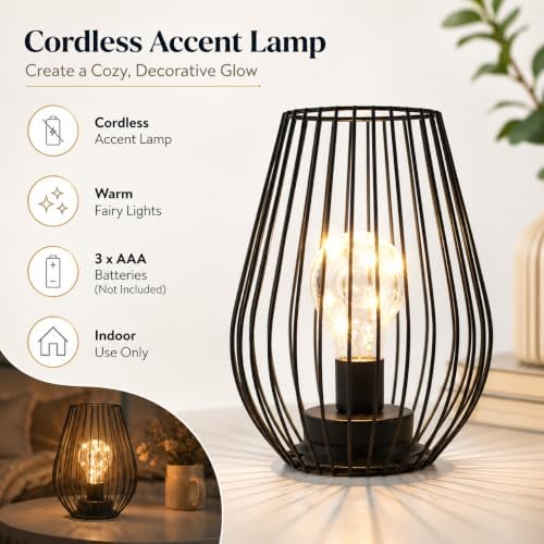 TRIROCKS Metal Cordless Table Lamp - 8'' Tall Cage Shape Battery Operated Lamp with Warm Fairy Lights Bulb for Indoor/Outdoor Use, Perfect for Christmas, Patio, Garden, and Weddings (Black)