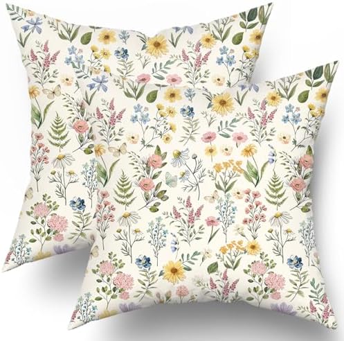 Watercolor Wildflower Pillow Covers 16x16 Inch Set of 2 Floral and Butterfly Throw Pillow Cases Spring Summer Flowers Decorative Cushion Covers for Couch Bed Sofa Home Decor