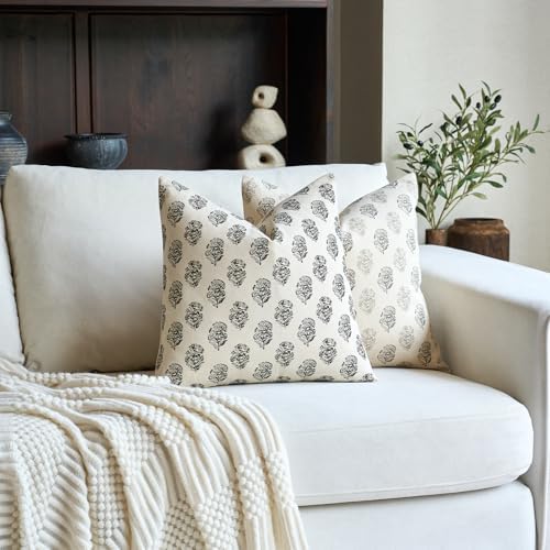 FIOUOVO Floral Vintage Throw Pillow Covers 18x18 Pillow Cover Block Print Decorative Cushion Covers Farmhouse Neutral Accent Home Décor for Sofa Couch Living Room Bedroom, 1PC, Charcoal Black