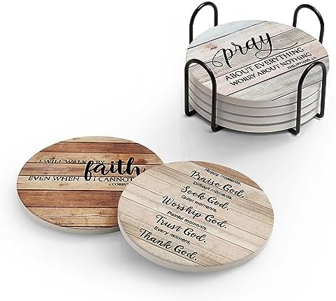 Coasters for Drinks with Bible Verses, Set of 6 Absorbent Drinks Coasters with Holder, Christian Gifts