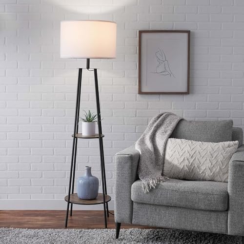 Living Room Lamp 62" Matte Finish 2 Wooden Shelves Cylindrical Shade Soft Lighting Standing Lamp for Bedroom Study Game Room Office Floor Lamp