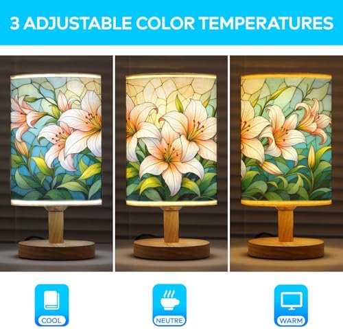 Lilies Table Lamp LED 3-Color Pressed Bedside, Lilies Shade Lamp with Wood Base for Bedroom Living Room Desk Office TL01