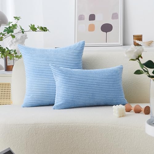 Home Brilliant Decor Super Soft Plush Corduroy Striped Throw Pillows Set of 2 Cushion Covers for Sofa Couch Bed, 50x50 cm, 20 x 20 Inch, Baby Boy Blue
