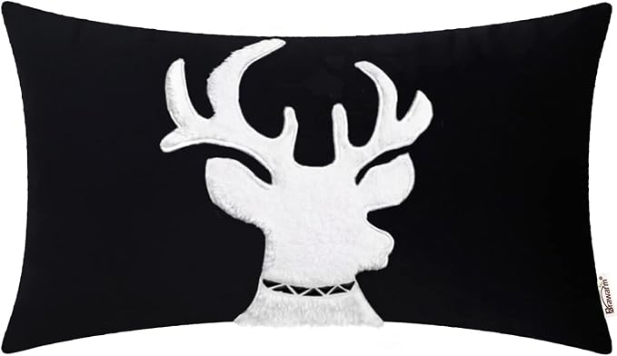 BRAWARM Christmas Pillow Cover 12 X 20 Inches, Black Reindeer Embroidered Lumbar Pillow Cover, Soft Velvet Decorative Throw Pillow for Couch Bed Sofa Living Room Home
