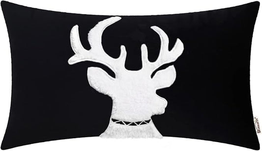 BRAWARM Christmas Pillow Cover 12 X 20 Inches, Black Reindeer Embroidered Lumbar Pillow Cover, Soft Velvet Decorative Throw Pillow for Couch Bed Sofa Living Room Home
