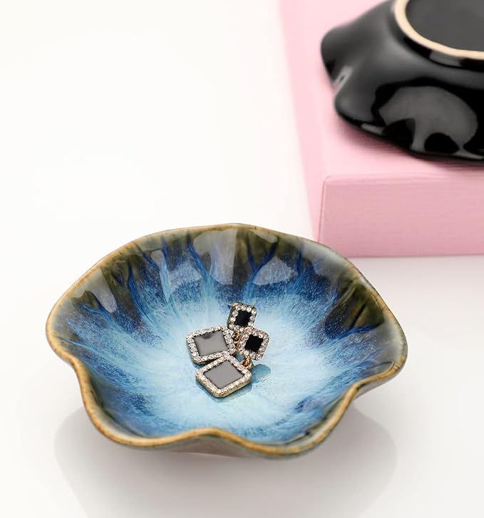 Binoster Gifts for Women Ceramic Jewelry Dish,Leaf Jewelry Tray Key Tray,Small Ring Dish Holder Decorative Jewelry Plate Trinket Dish Catchall Tray Nightstand Decor for Entryway Blue Table Room Decor